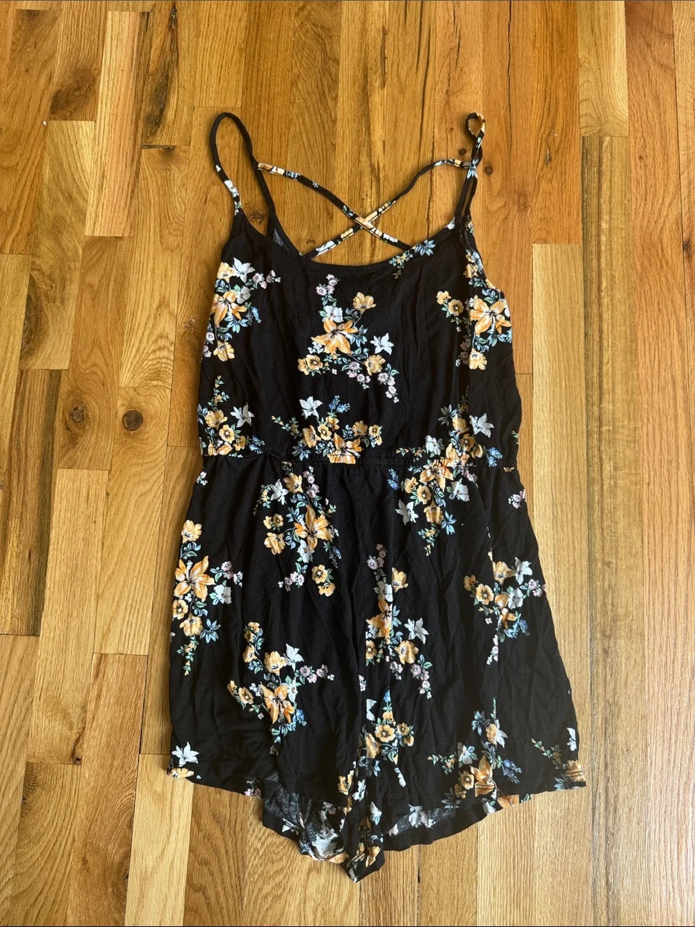 Black Floral Strappy Romper - Yellow & Blue Flowers